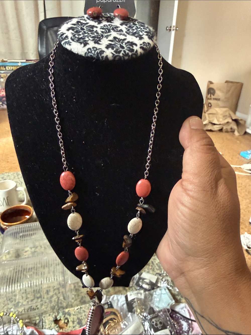 Coral and Cream Bead Long Necklace - Unbranded
